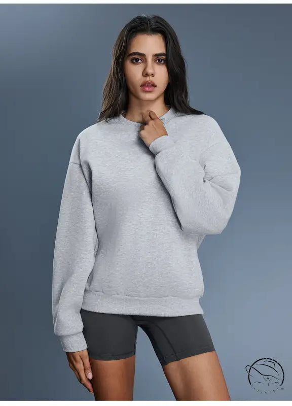Grey long sleeve casual warm pullover hoodie in textured fleece fashion