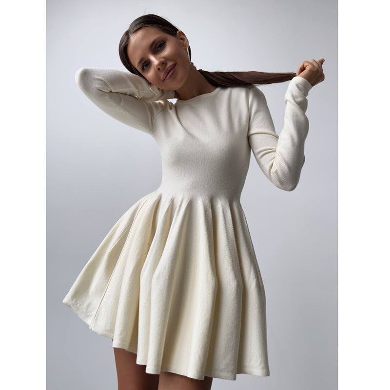 Cream-colored, long-sleeved fit-and-flare beautiful woolen knitted dress for women