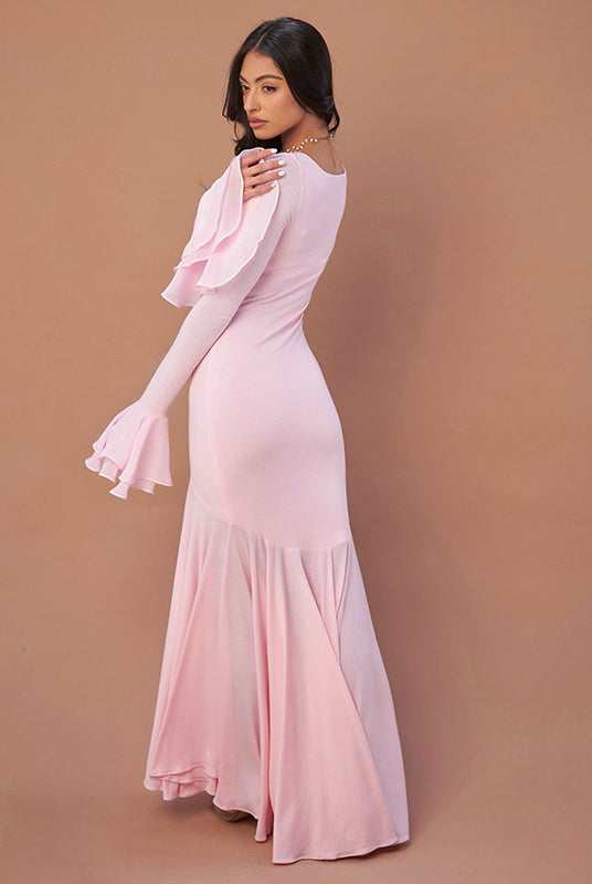 Pink floor-length dress with bell sleeves and mermaid silhouette for elegant fashion
