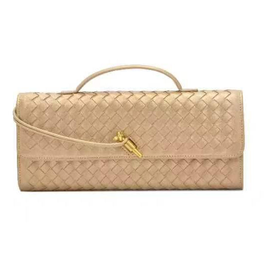 Beige woven leather clutch with handle from the Soft Leather Mid Ancient Baguette Bag collection
