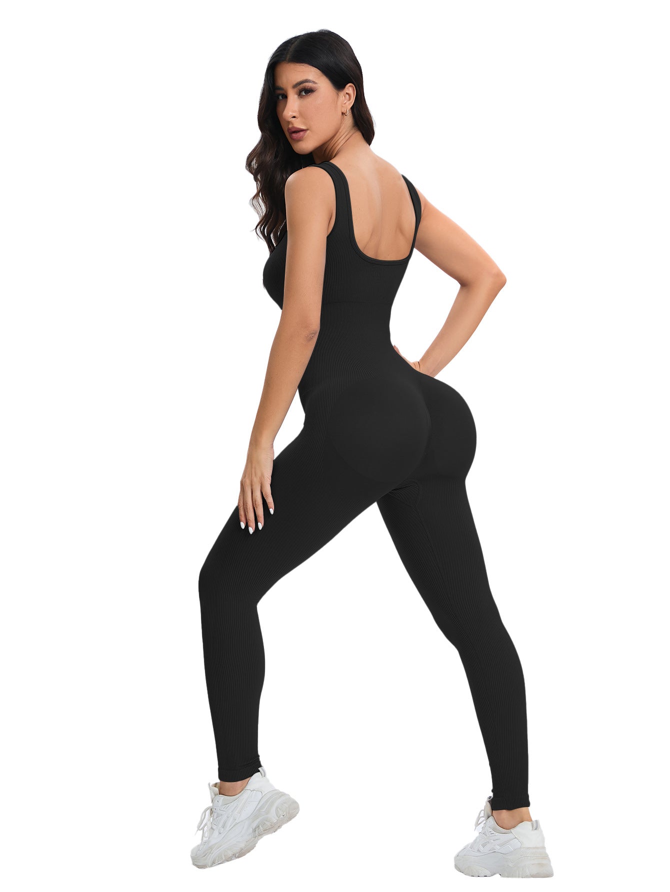 Langry breathable seamless knitted peach hip slim fit black one-piece athletic bodysuit