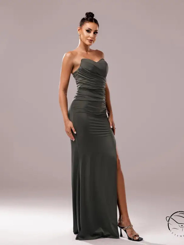 Elegant strapless cocktail evening dress with thigh-high slit