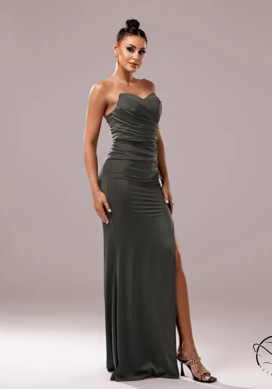 Elegant strapless cocktail evening dress with thigh-high slit