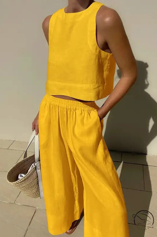 Yellow linen casual loose sleeveless shirt two piece outfit