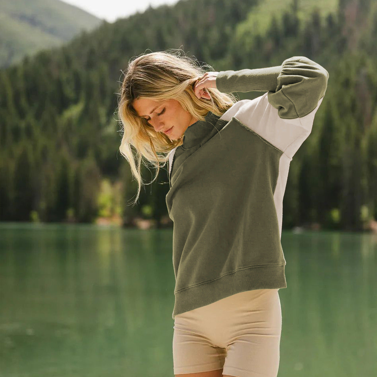 Langry olive green white colorblock half high collar sweater