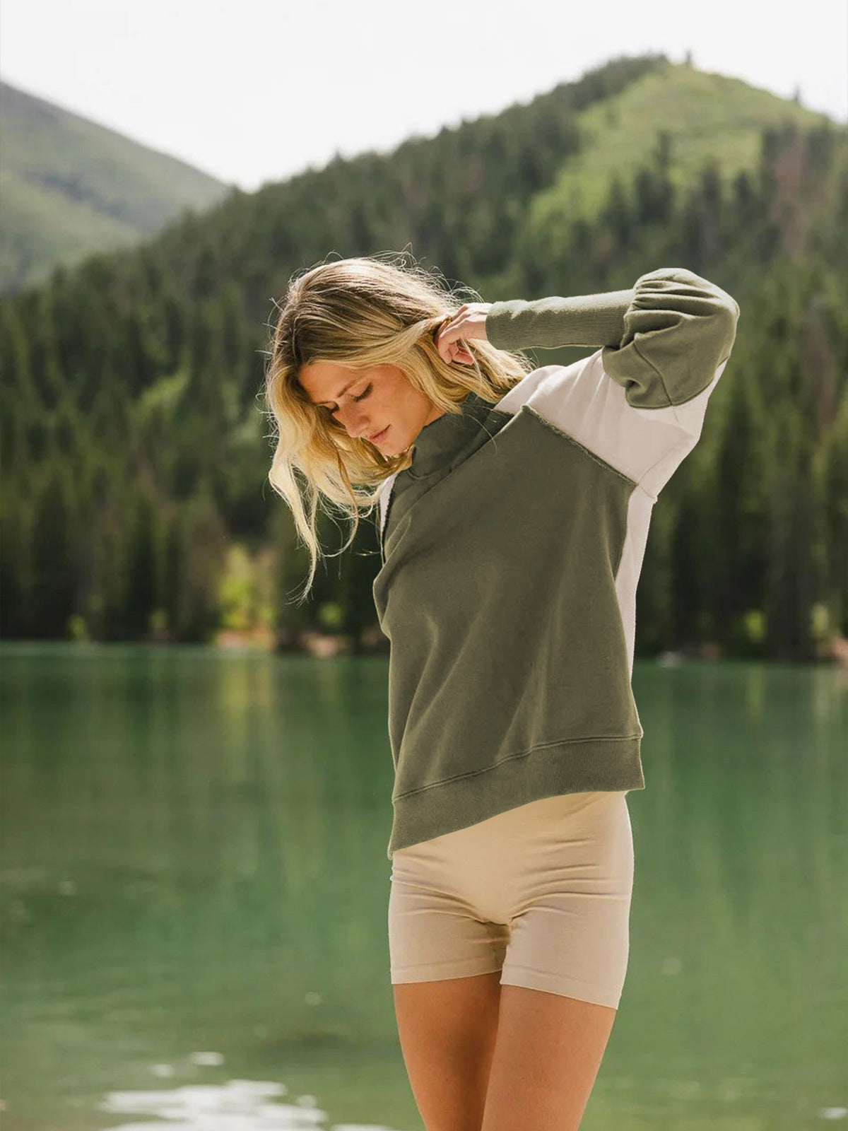 Langry olive green white colorblock half high collar sweater