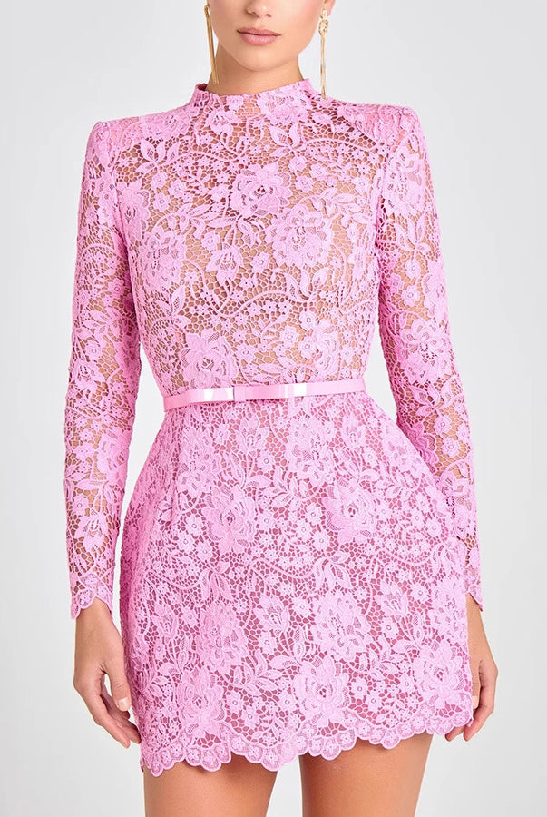 Womens pink lace sheer cutout belt long sleeve mini dress