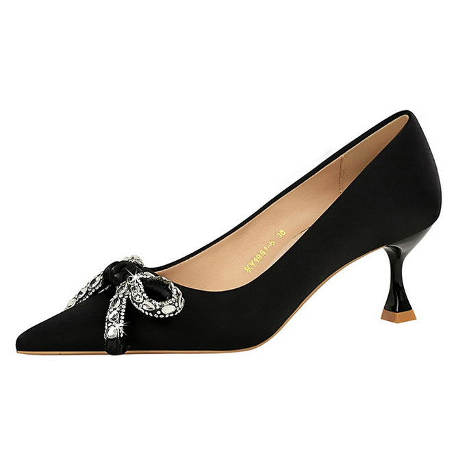 Langry fashion black satin kitten heel pump with silver snake embellishment