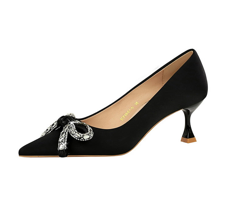 Langry fashion black satin kitten heel pump with silver snake embellishment
