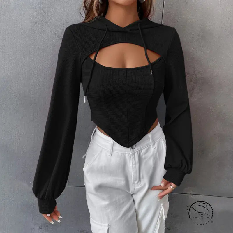 Slim short faux two-piece top: black long-sleeve open-front hoodie over asymmetrical crop
