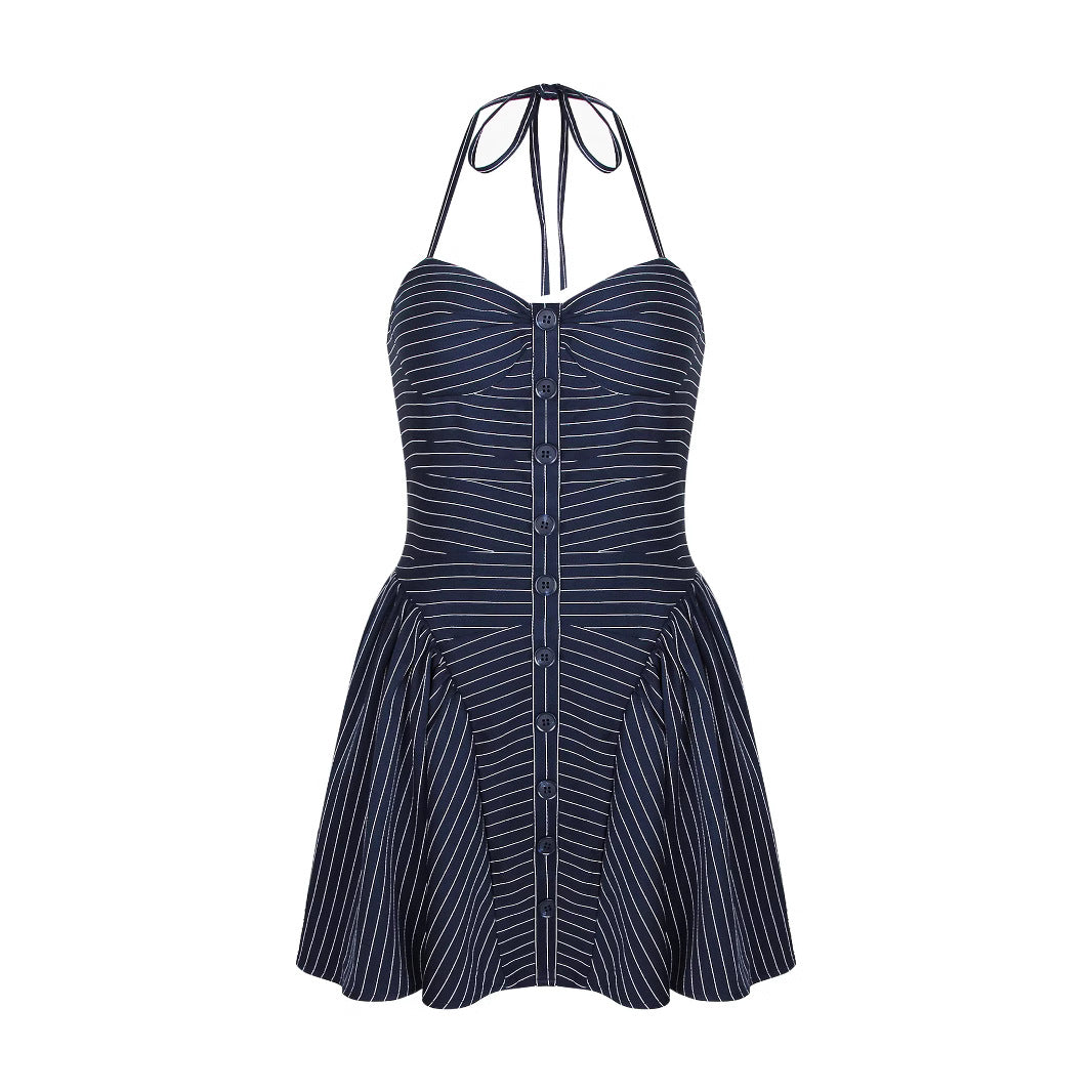 Navy blue and white striped halter dress with flared skirt, ideal fashion ملابس choice