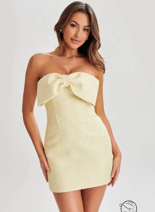 Slim fit yellow strapless mini dress with bow detail at bust