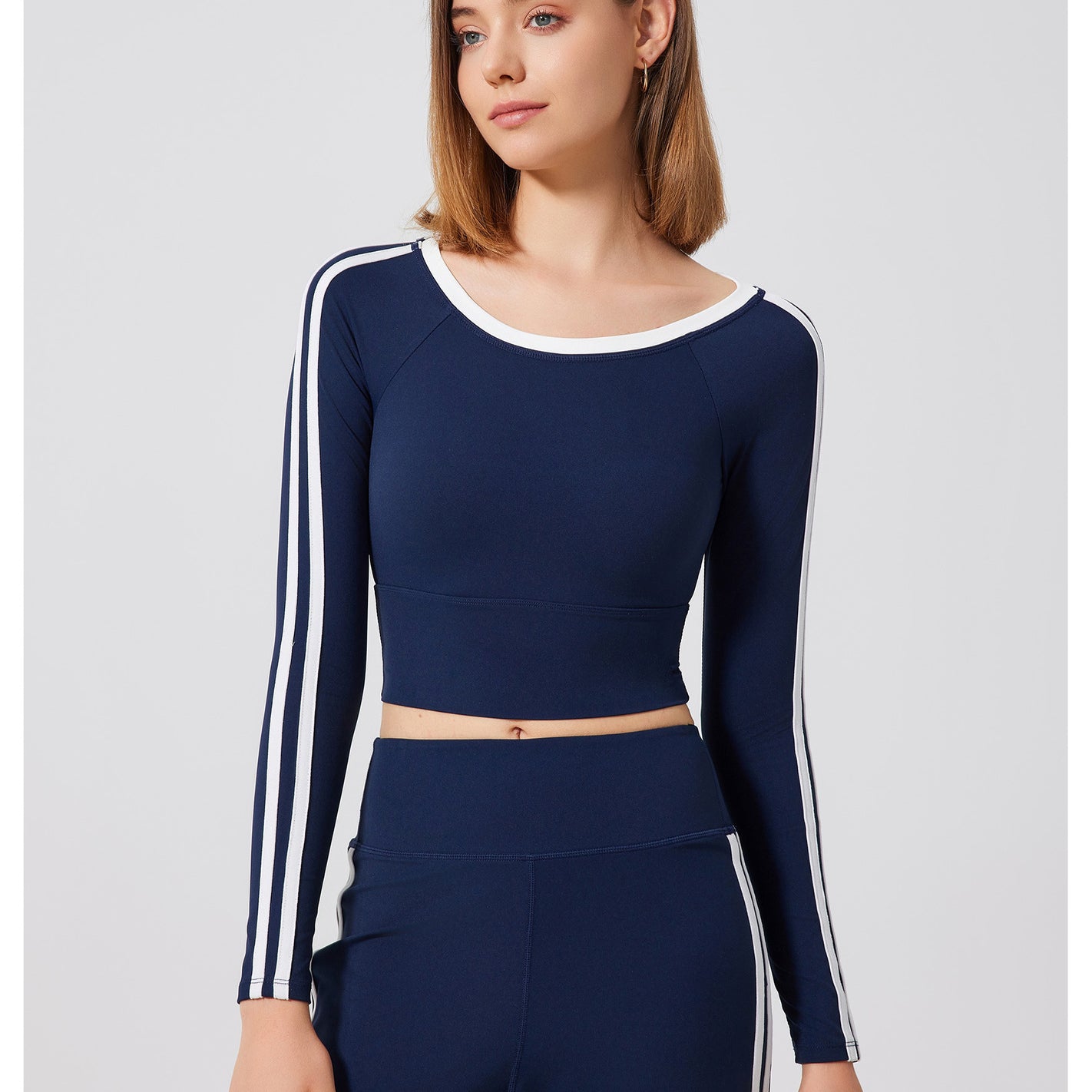 Navy long-sleeved crop top with white stripes from Quick Drying Sports Top, stylish ملابس for sport and fashion