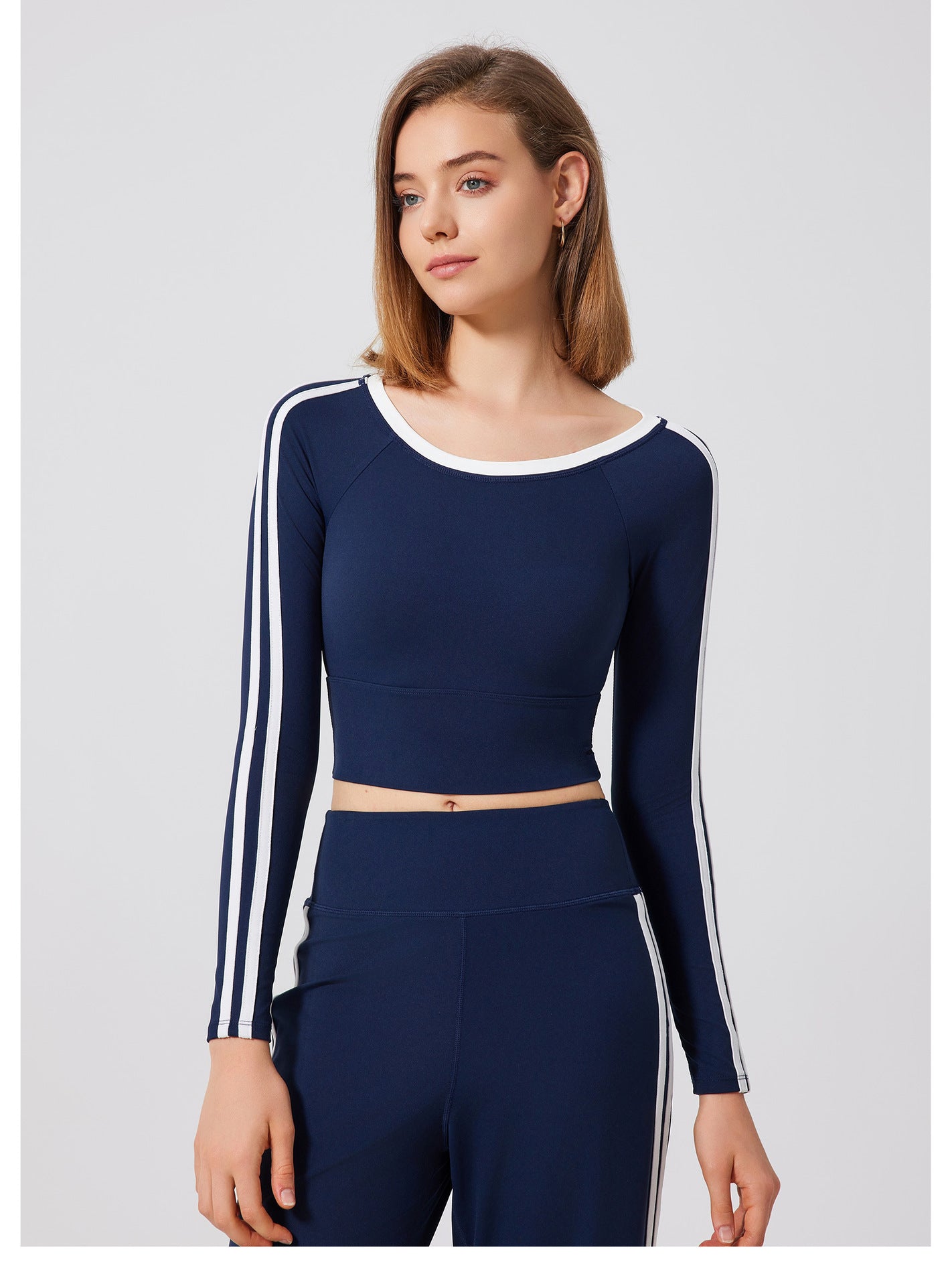 Navy long-sleeved crop top with white stripes from Quick Drying Sports Top, stylish ملابس for sport and fashion