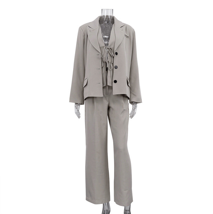 Sleek taupe long sleeve blazer set with wide-leg trousers for office fashion