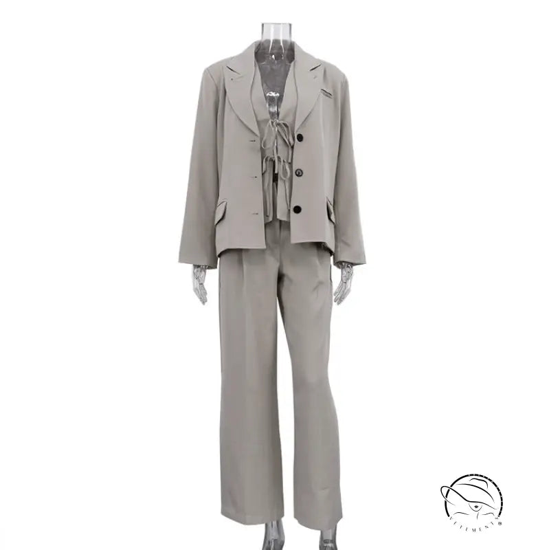 Sleek taupe long sleeve blazer set with tailored wide-leg trousers