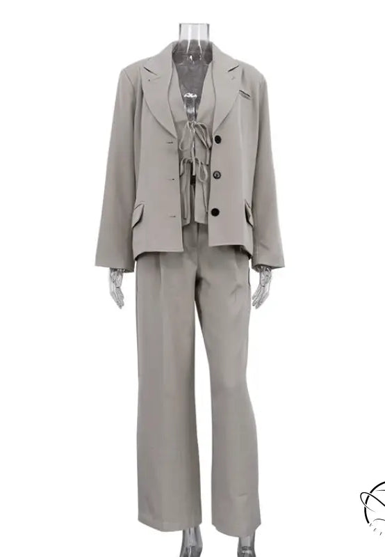 Sleek taupe long sleeve blazer set with tailored wide-leg trousers