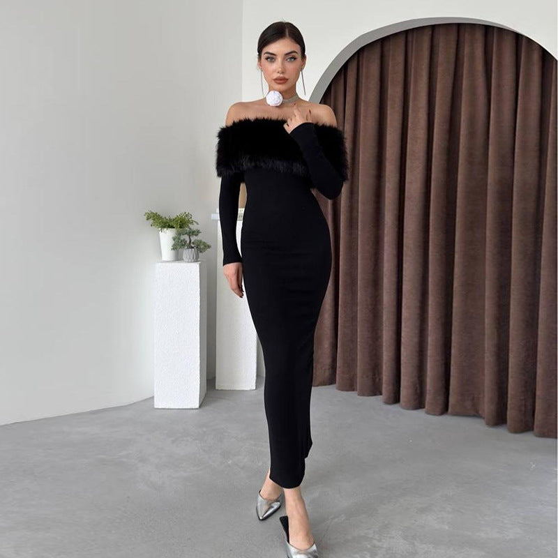 Elegant black off-the-shoulder dress with fur trim, perfect for fashion enthusiasts