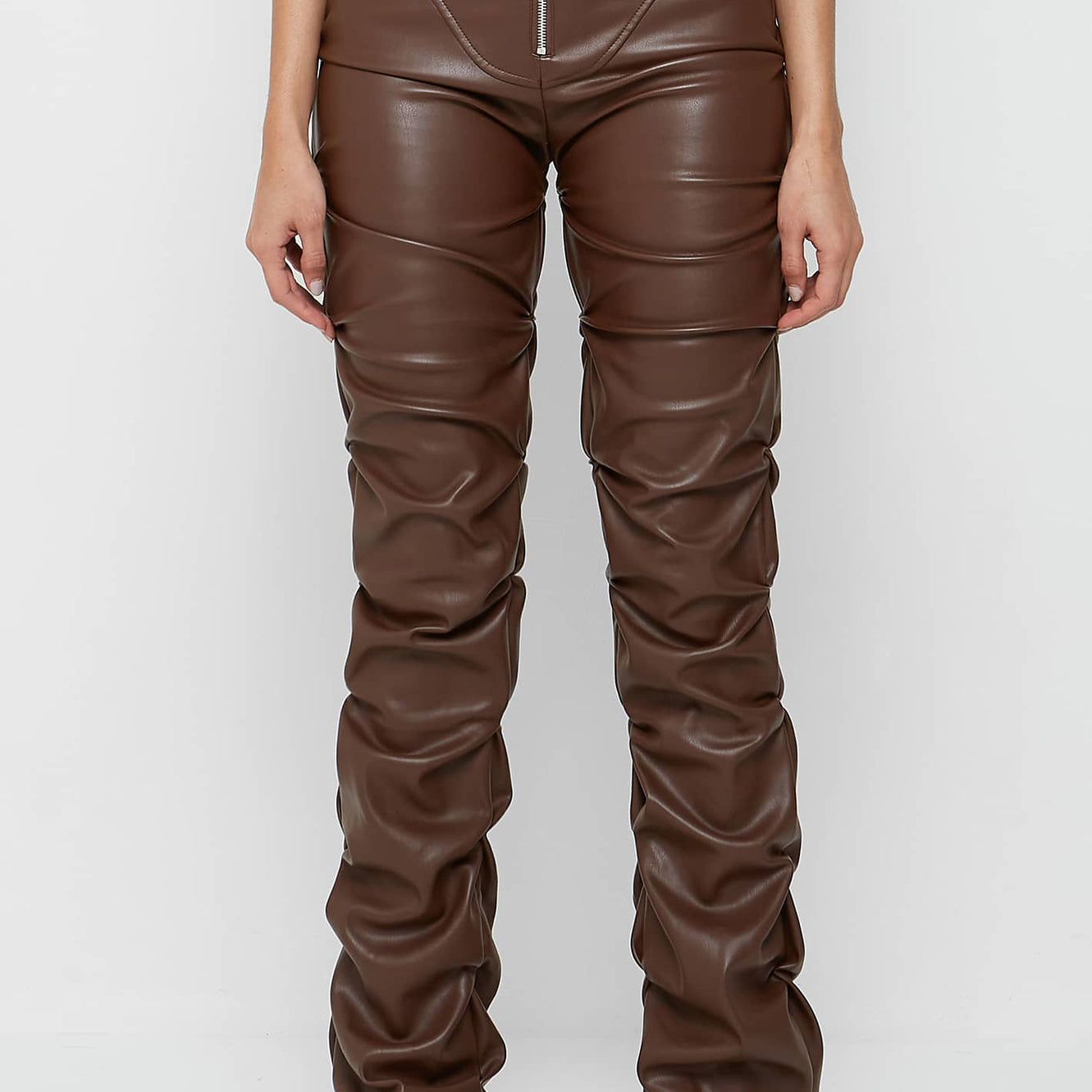 Brown faux leather ruched pants from Tight Faux Leather Four Seasons, stylish langry fashion