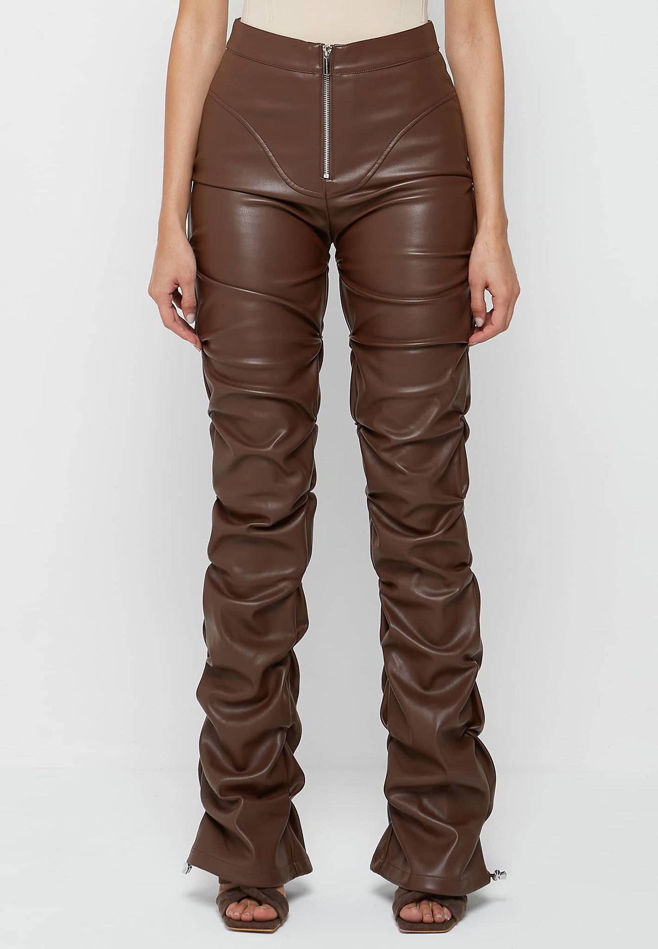 Brown faux leather ruched pants from Tight Faux Leather Four Seasons, stylish langry fashion