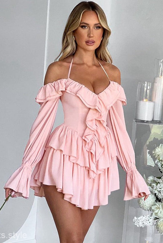 Pink ruffled off-shoulder romper from HALTER LOW CUT RUFFLED DRESS collection, stylish and sexy
