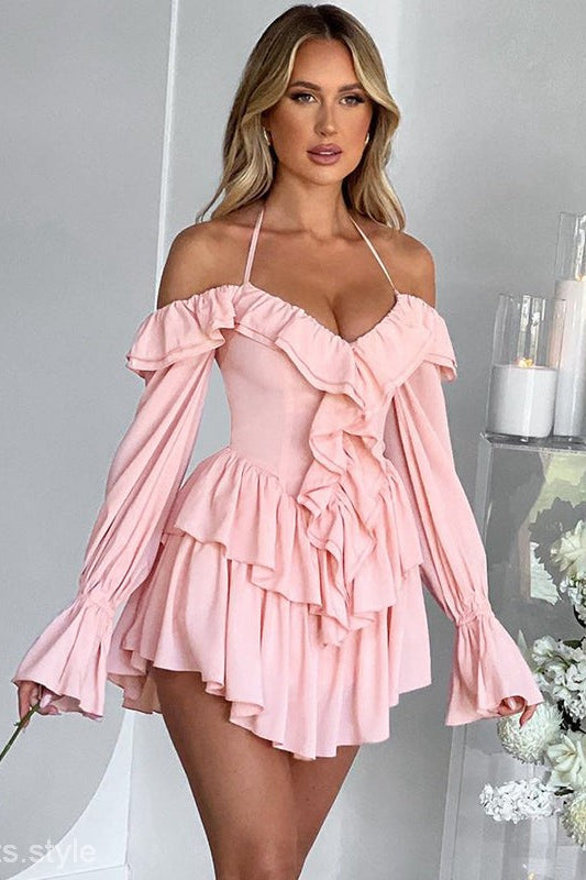 Pink ruffled off-shoulder romper from HALTER LOW CUT RUFFLED DRESS collection, stylish and sexy