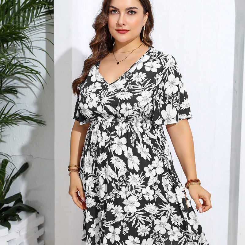 Black and white floral print Casual V Neck Loose Dress, perfect for langry fashion ملابس