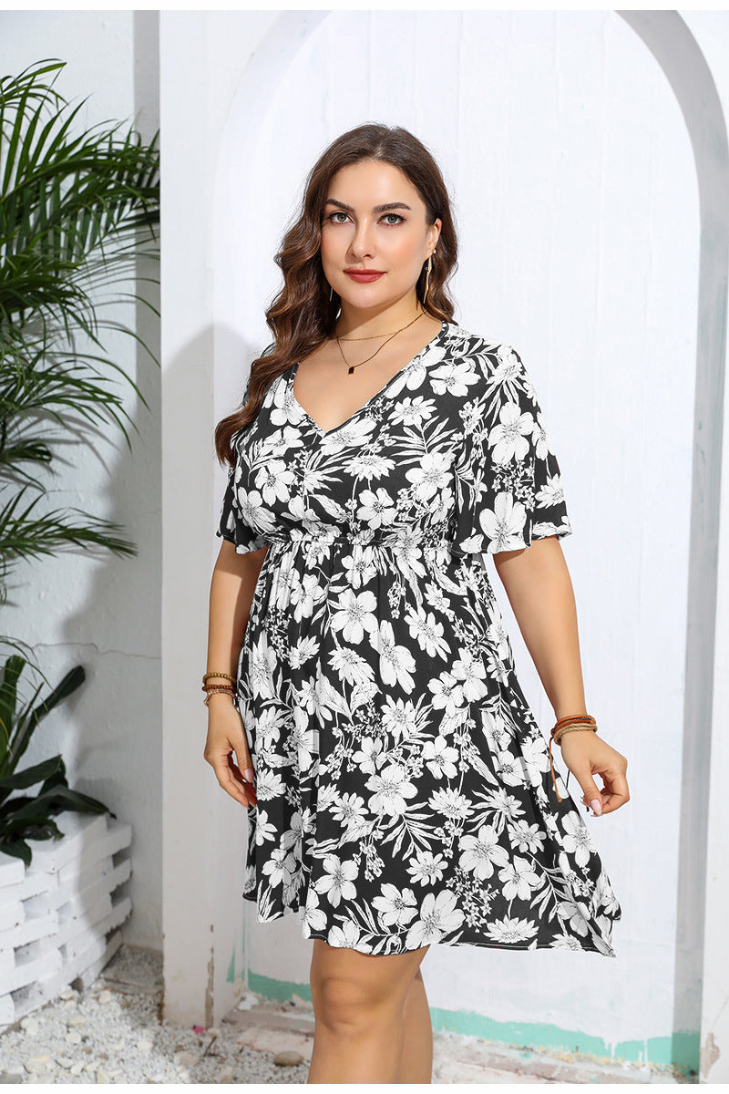 Black and white floral print Casual V Neck Loose Dress, perfect for langry fashion ملابس