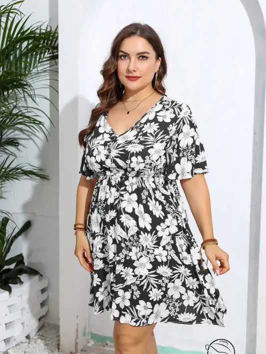 Black and white floral casual v neck loose dress with short sleeves