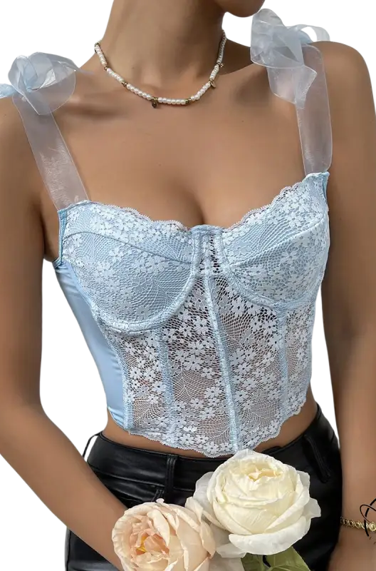 Sky blue boning corset vest with light blue floral lace top