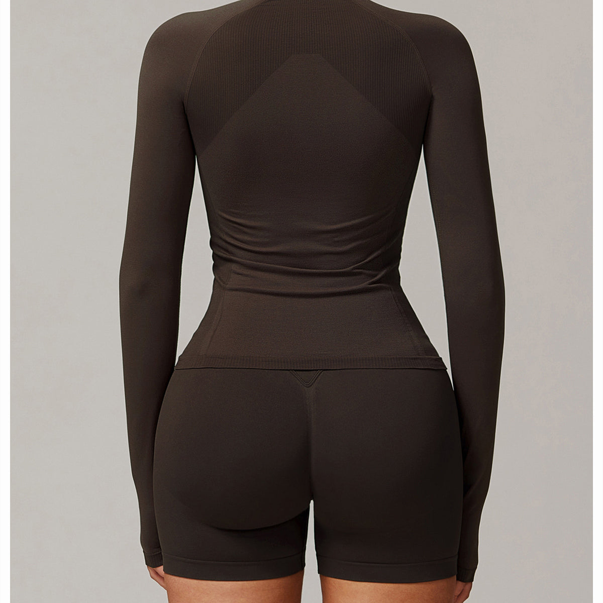 Dark brown long sleeve athletic set featuring the Running Sport Long Sleeve Top in fashion