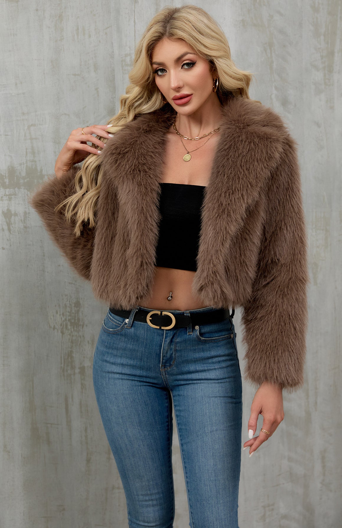 Langry faux fur cropped jacket with fluffy taupe texture and wide collar