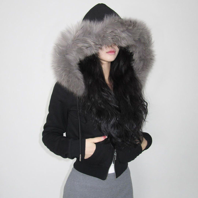 Black women’s bomber jacket with large gray faux fur hood from Street Retro Hooded Furry Splicing Coat, stylish ملابس for fashion enthusiasts