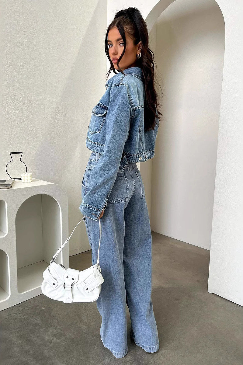 Double denim outfit featuring Vintage Pocket Washed Jeans, styled with a white handbag