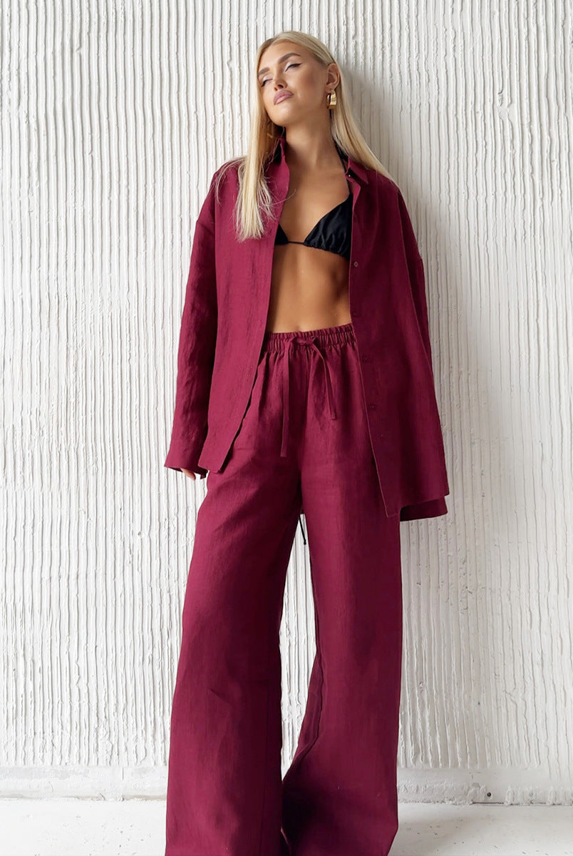 Burgundy linen pantsuit from Langry in Cotton Shirt Trousers Casual Sets for stylish ملابس