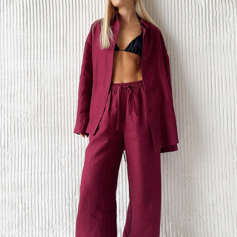 Burgundy linen pantsuit from Langry in Cotton Shirt Trousers Casual Sets for stylish ملابس