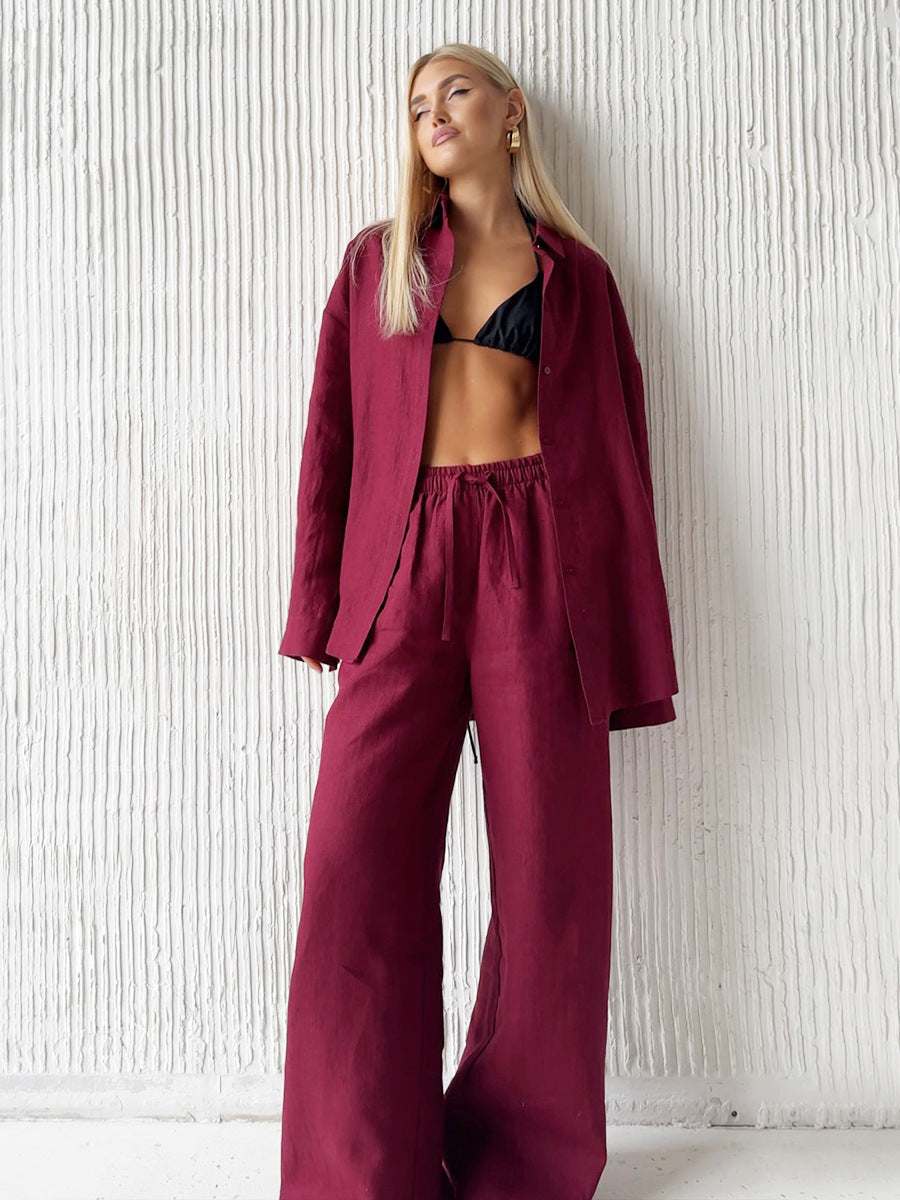 Burgundy linen pantsuit from Langry in Cotton Shirt Trousers Casual Sets for stylish ملابس