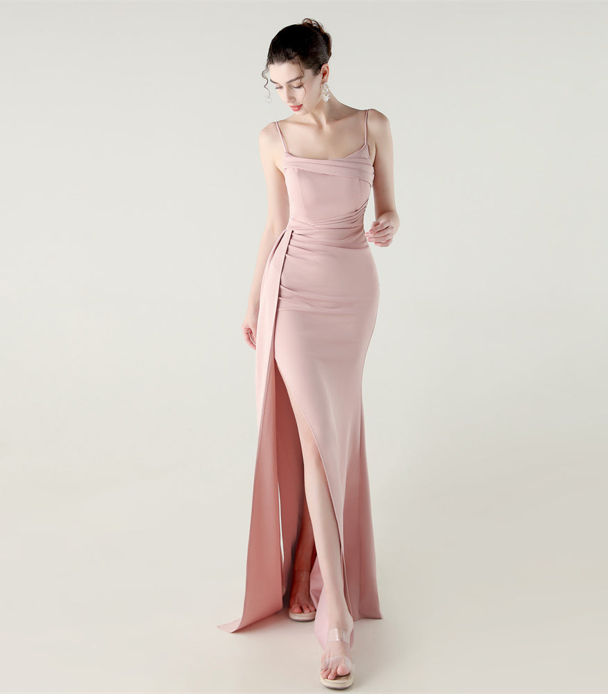 Elegant blush pink satin gown with draped bodice, high slit in Langry fashion