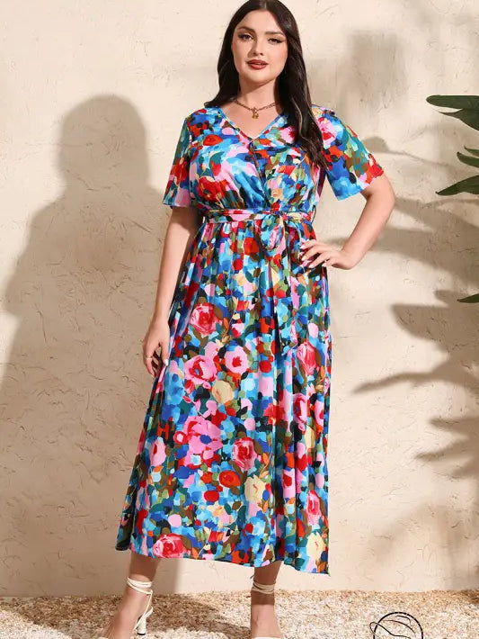 Colorful rose holiday dress in floral print midi chiffon style