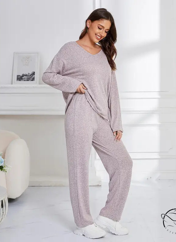 Light purple textured knit winter outerwear loose sports casual loungewear set