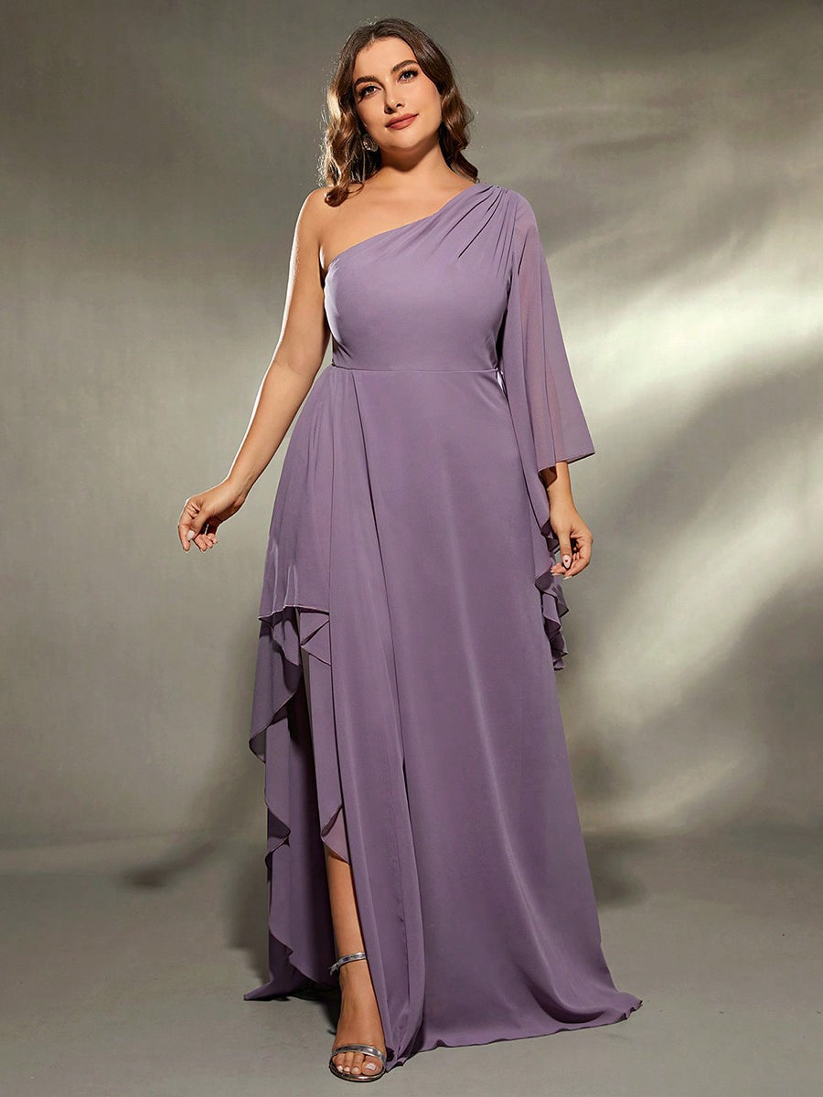 One-shoulder lavender chiffon gown showcasing elegant fashion for evening wear ملابس
