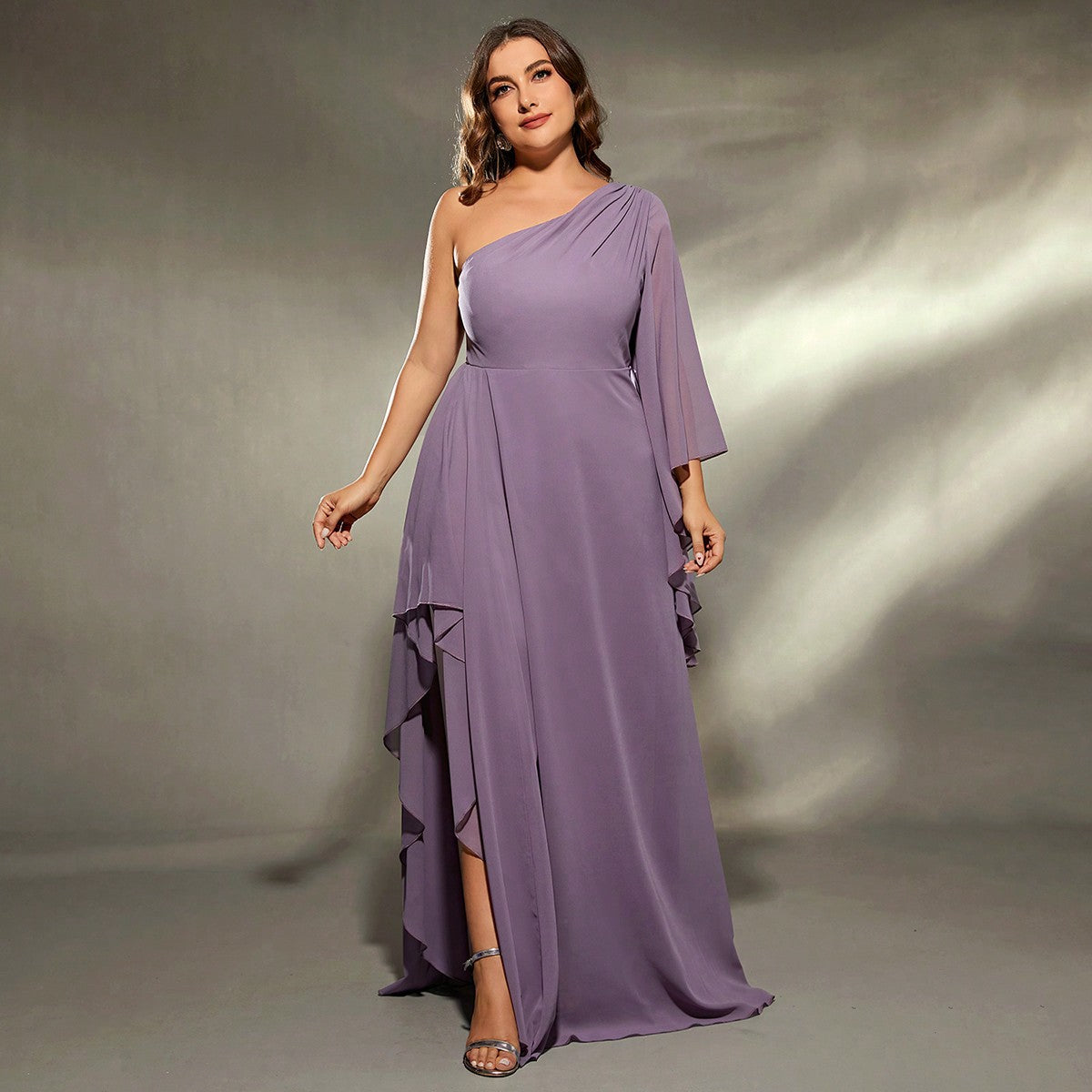 One-shoulder lavender chiffon gown showcasing elegant fashion for evening wear ملابس