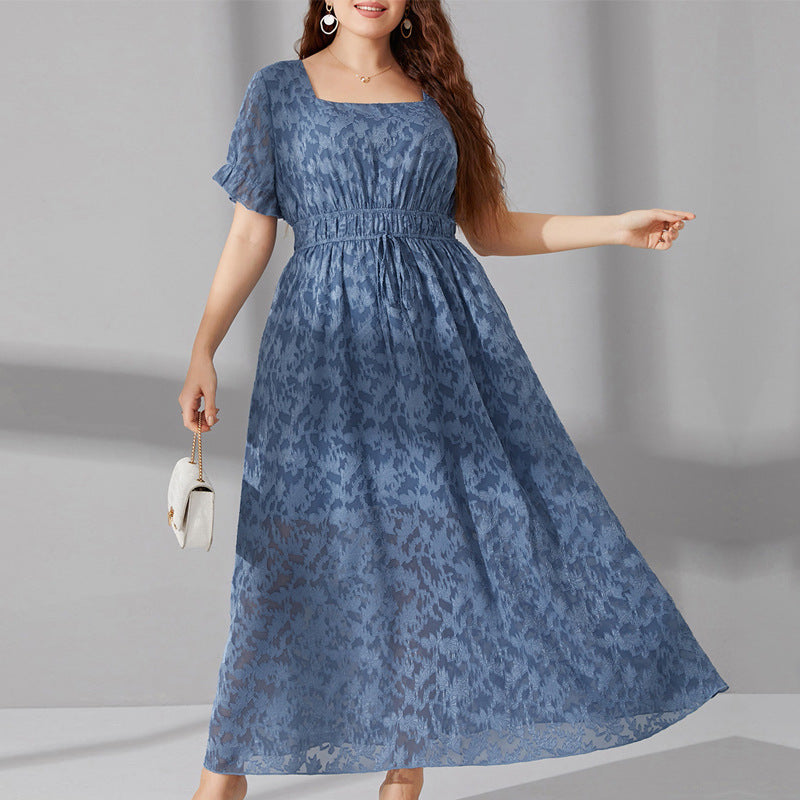 Elegant long elastic waist drawstring dress worn by woman holding white handbag