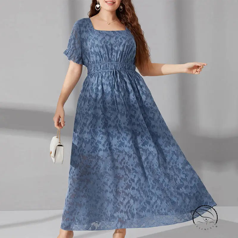Elegant long elastic waist maxi dress in blue pattern with white handbag