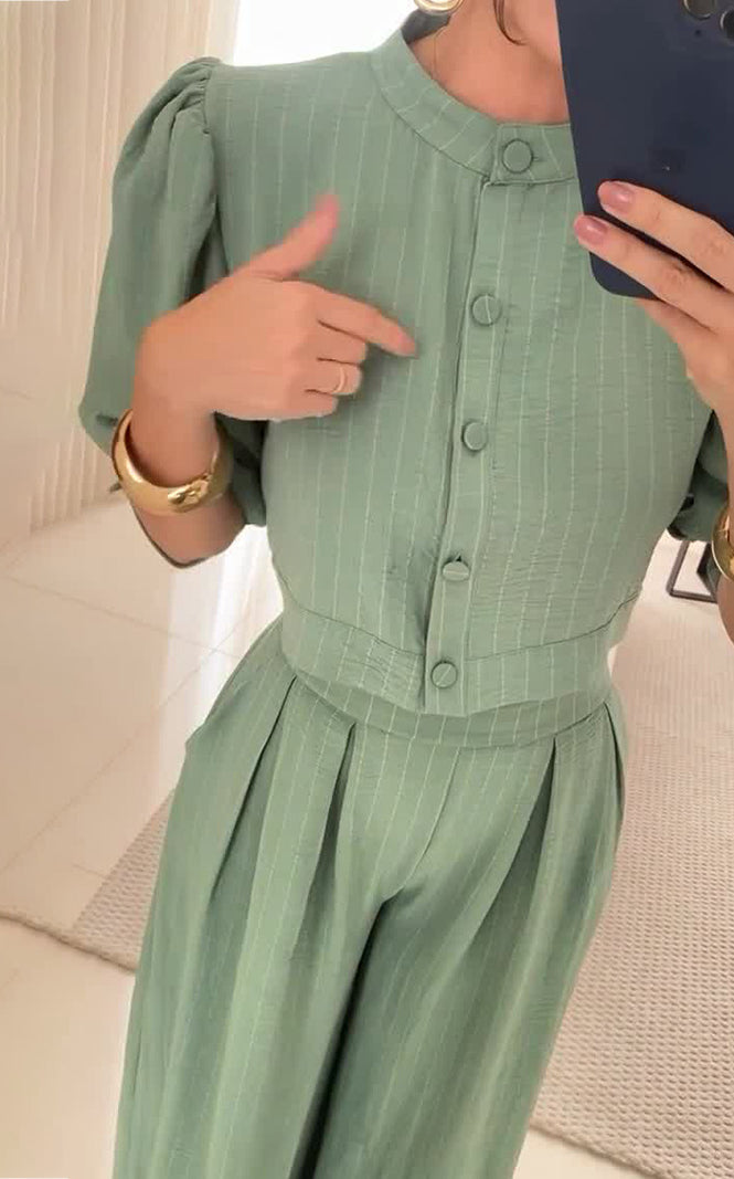 Sage green pinstripe jumpsuit from Summer Striped Half Sleeve Top Trousers Suit Women Clothing, stylish fashion for women