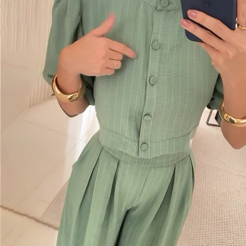 Sage green pinstripe jumpsuit from Summer Striped Half Sleeve Top Trousers Suit Women Clothing, stylish fashion for women