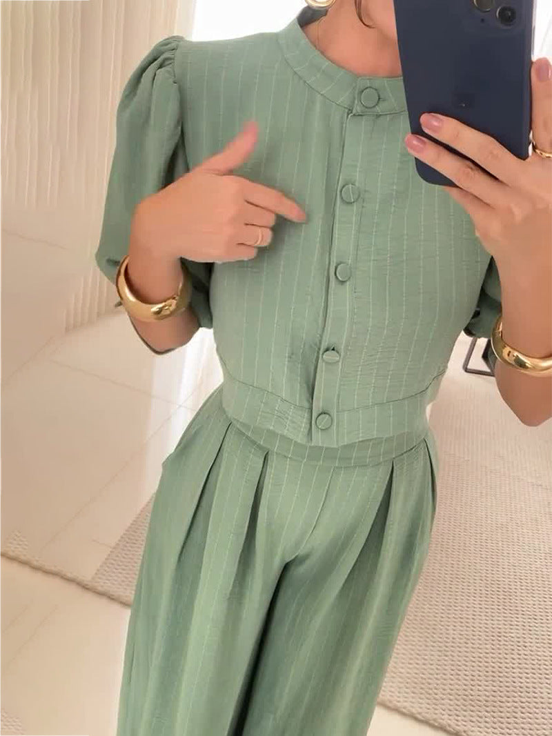 Sage green pinstripe jumpsuit from Summer Striped Half Sleeve Top Trousers Suit Women Clothing, stylish fashion for women