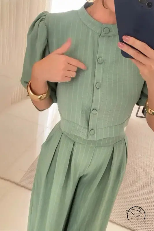 Sage green pinstripe summer striped half sleeve jumpsuit