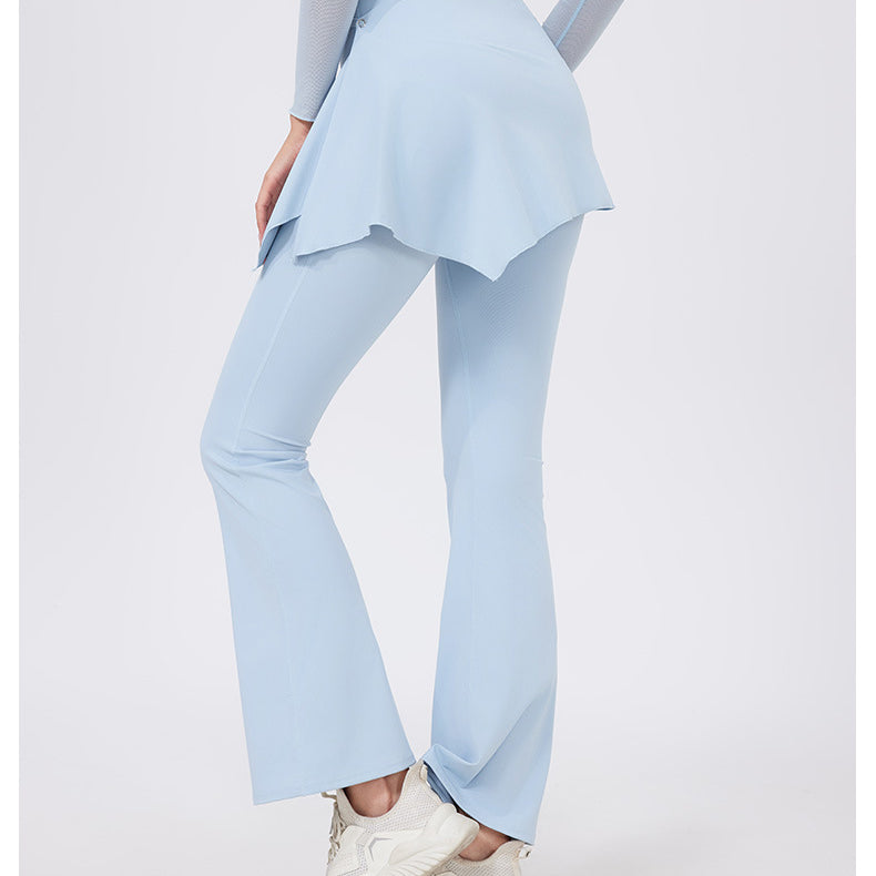 Light blue hip lifting nude feel yoga pants with ruffled hem and white sneakers