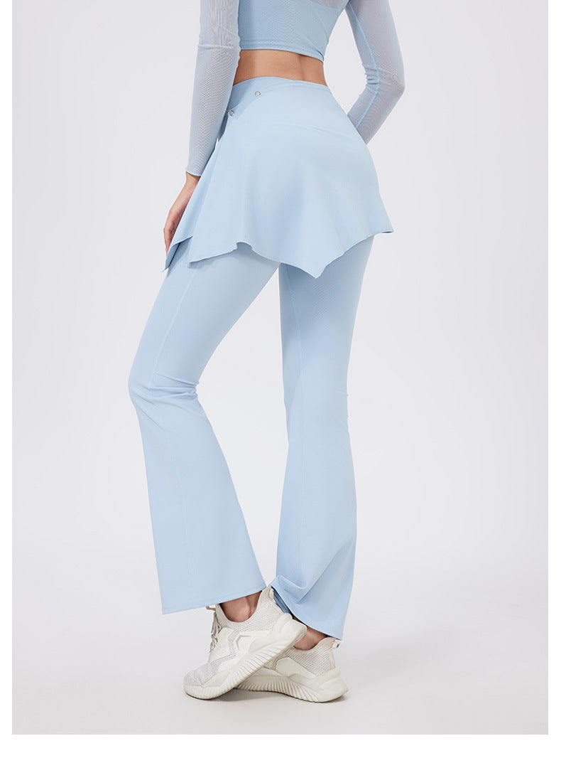 Light blue hip lifting nude feel yoga pants with ruffled hem and white sneakers